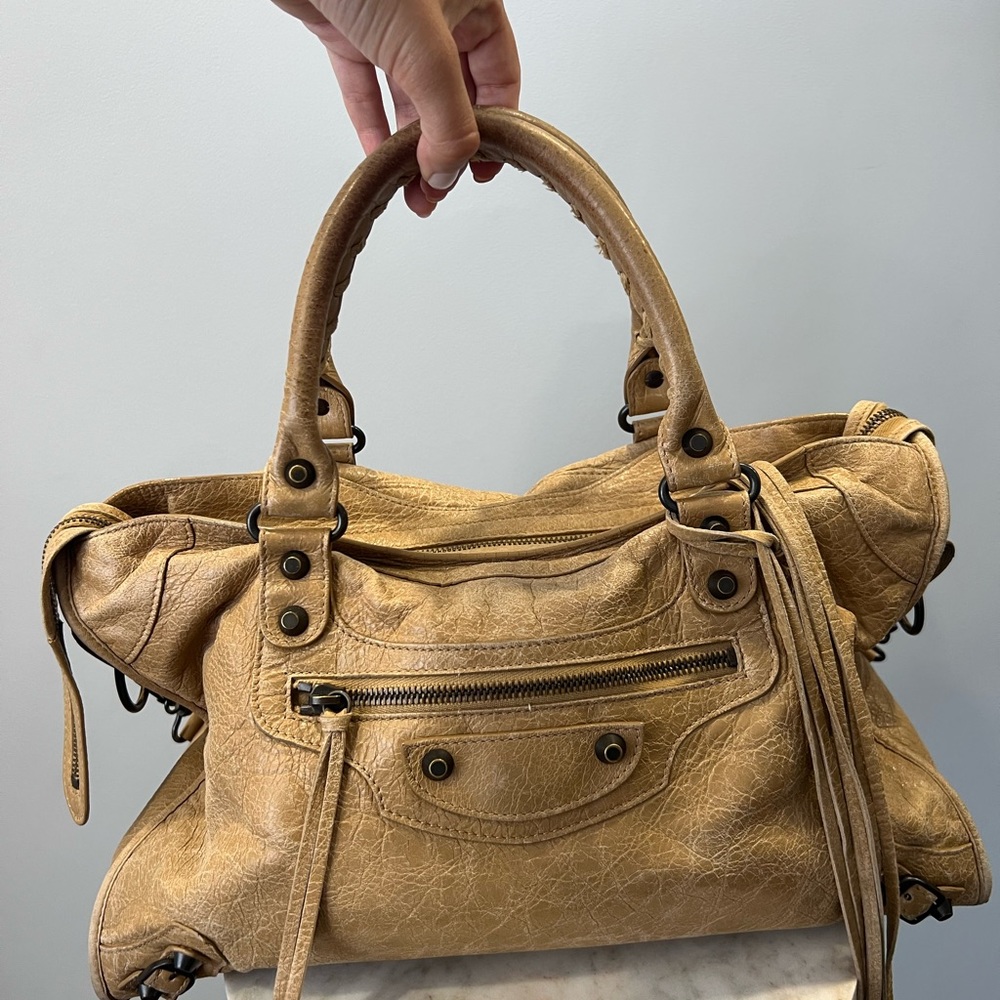 Balenciaga Motocross Giant 12 Part Time Bag Top Handle Light-Brown Beige Leather